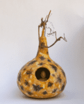 Bee Meditator, encaustic and mixed media on birdhouse gourd, SOLD