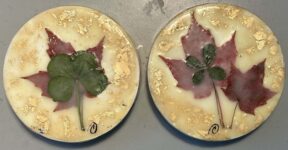 Lucky One & Lucky Two, 3" diameter each, encaustic, mixed media, SOLD